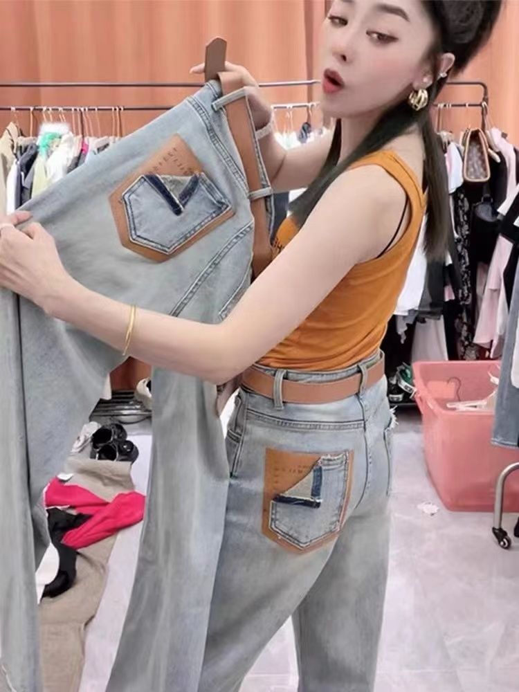 小眾設計疊兜高腰牛仔直筒褲女2023新款大碼寬鬆顯瘦休閒闊腿長褲