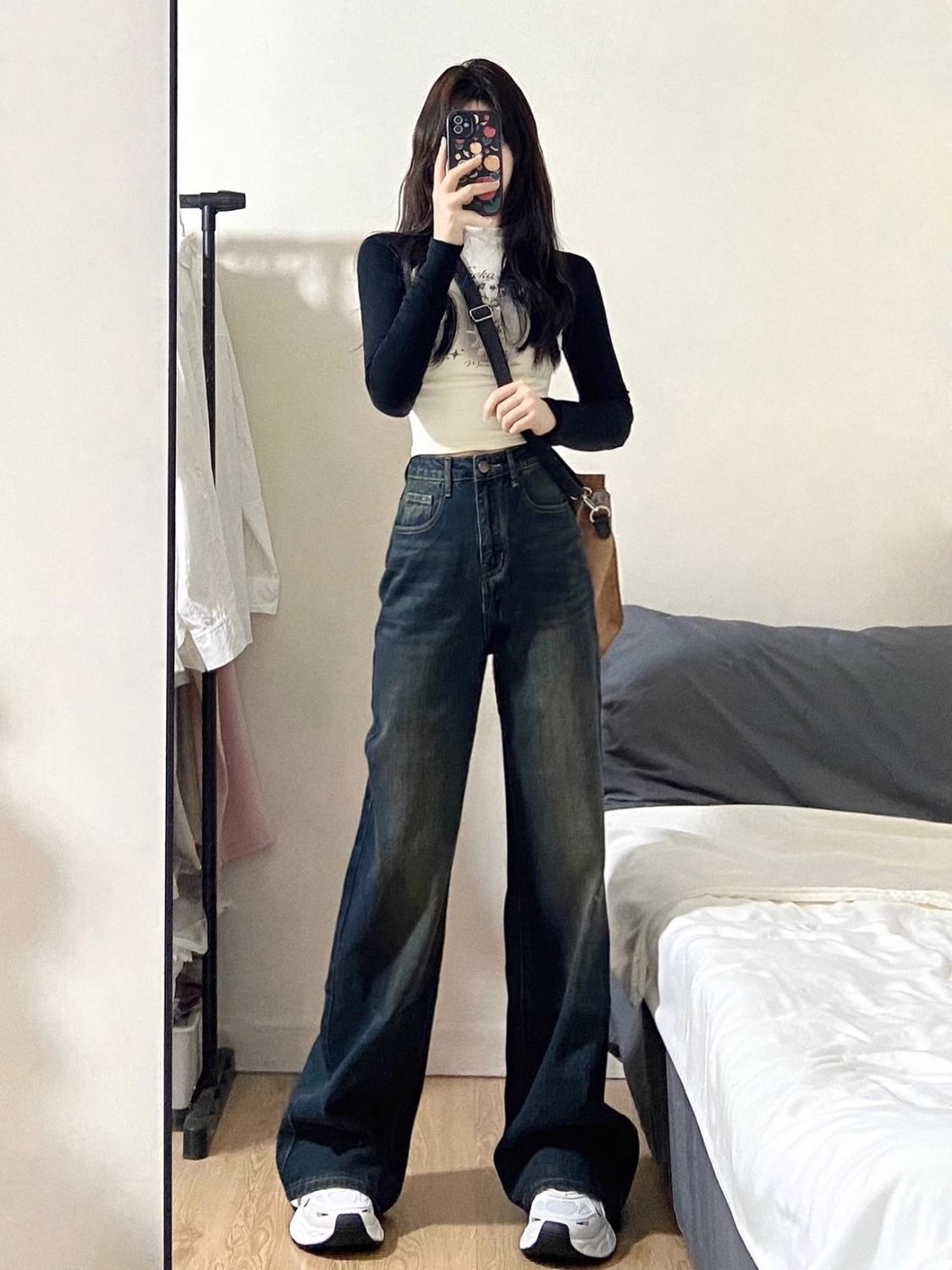 美式復古高腰闊腿牛仔褲女秋季2023新款寬鬆顯瘦加長直筒拖地褲子