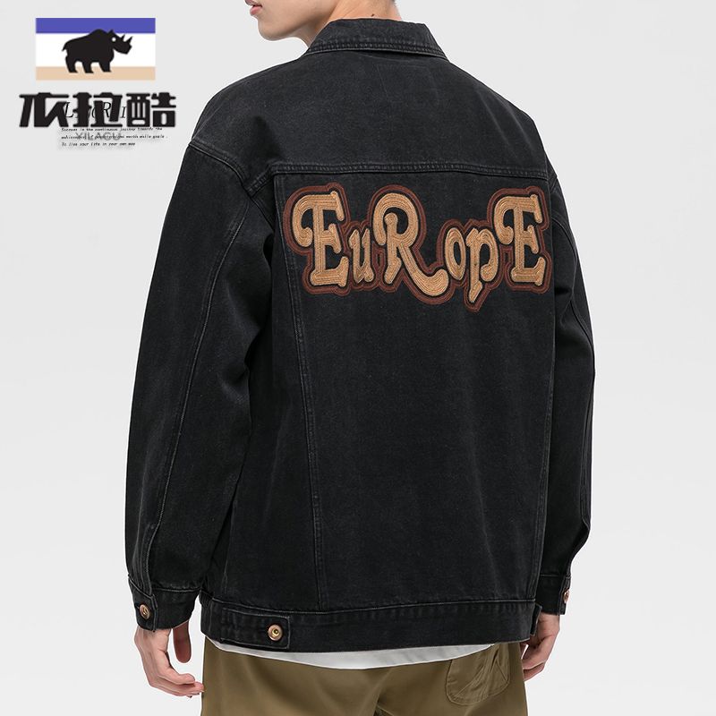 學生男2023新款美式復古牛仔夾克寬鬆外套休閒字母刺繡上裝衣服潮