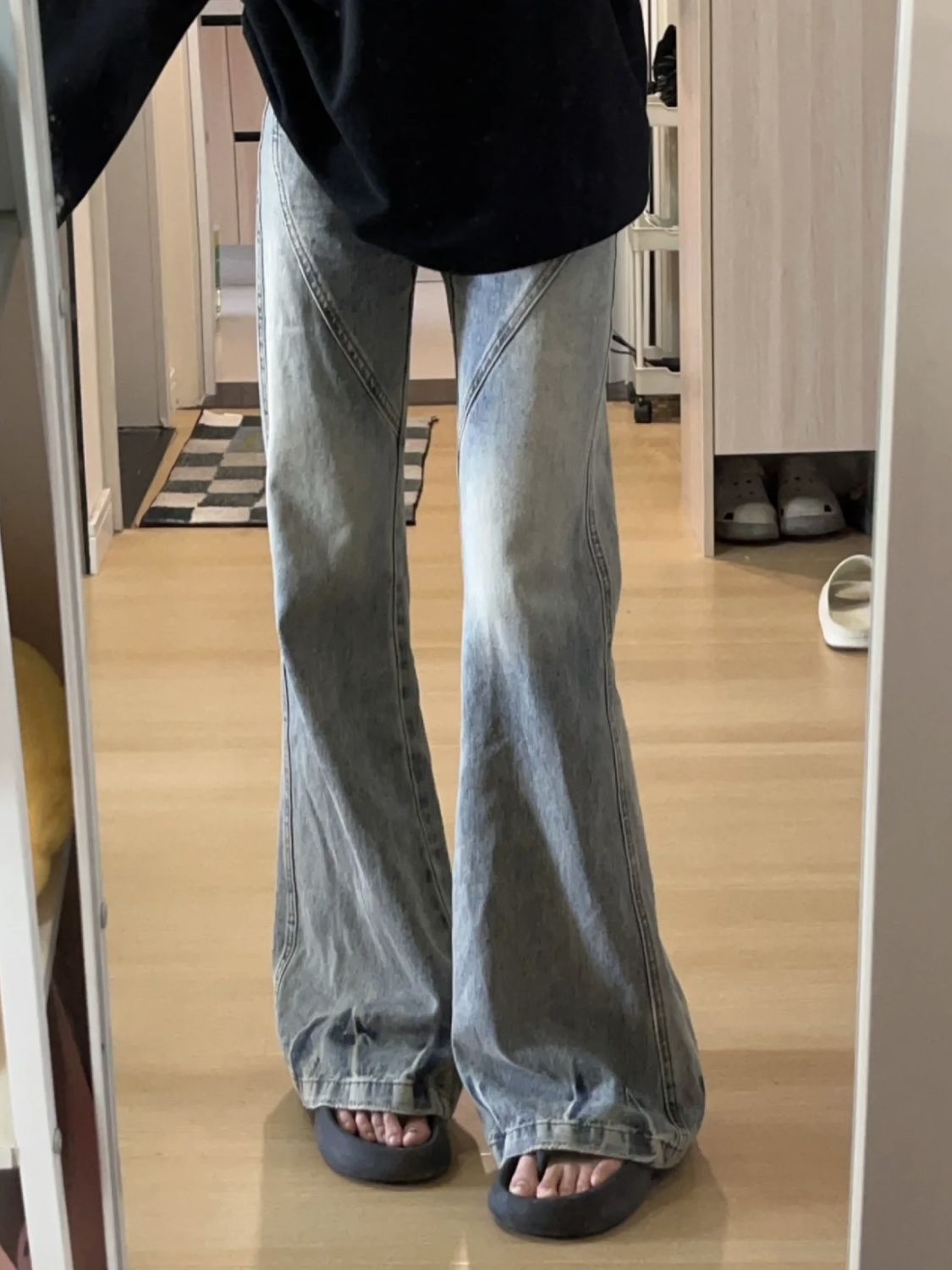 復古水洗直筒褲寬鬆微喇牛仔褲女秋冬高腰顯瘦垂感拖地闊腿褲子潮