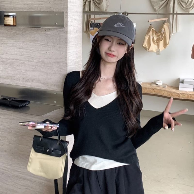 假兩件V領毛衣針織衫打底衫女秋季新款法式設計感顯瘦內搭上衣女