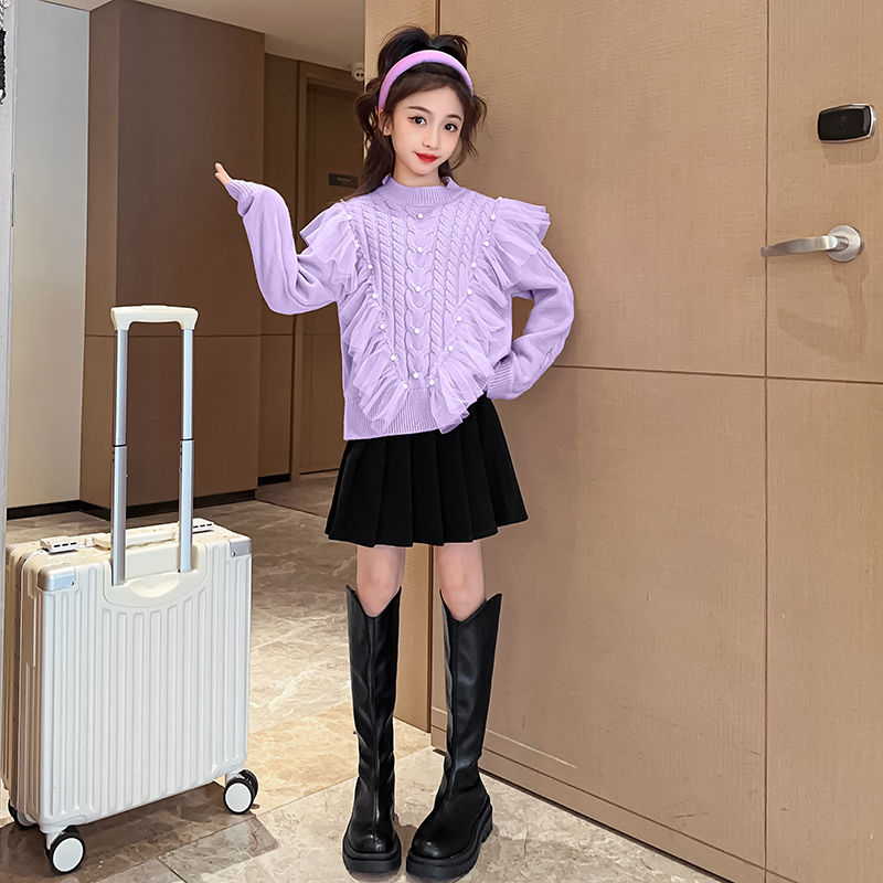 女童秋冬裝毛衣2023新款洋氣女大童裝圓領針織衫女孩加厚套頭線衣