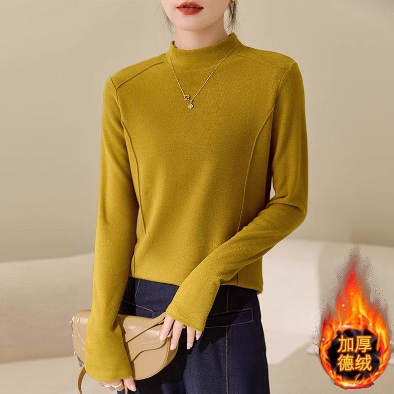德絨長袖打底衫女士新款時尚洋氣百搭磨毛T恤圓領秋冬上衣媽媽裝