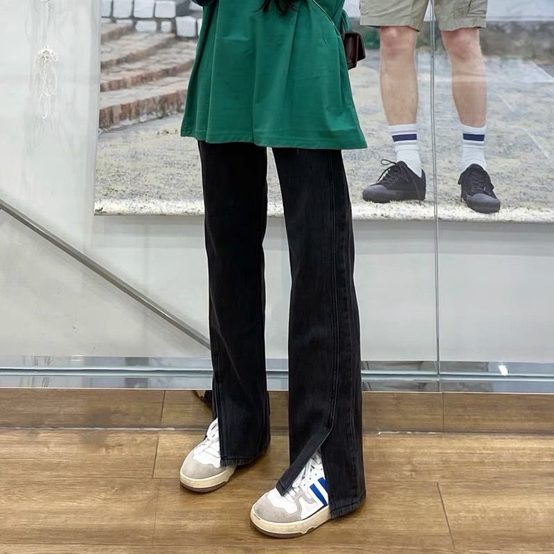 胖mm設計感小眾開叉大碼牛仔褲女加絨新款高腰直筒寬鬆闊腿褲子潮