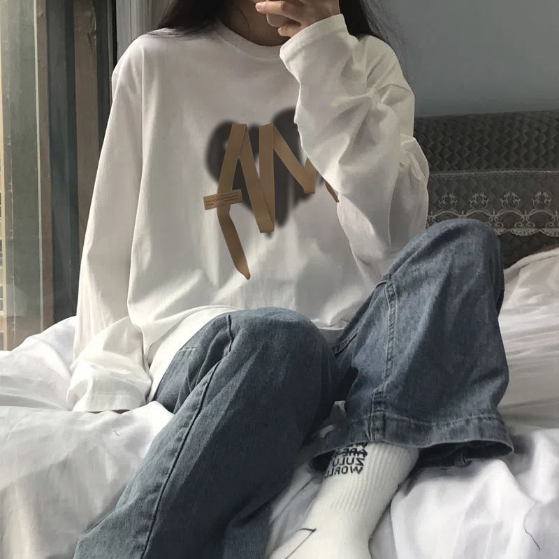 100%純棉長袖T恤女秋季內搭白色打底衫韓版ins寬鬆百搭印花上衣潮