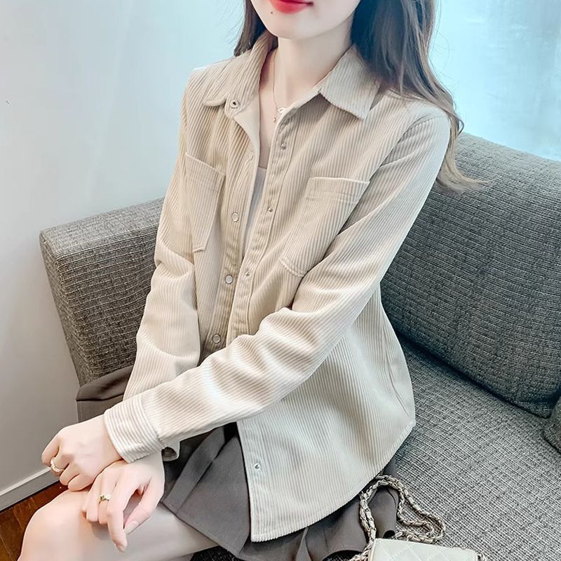 港風休閒長袖襯衫外套女秋冬新款加絨加厚polo領磨毛外搭氣質襯衣