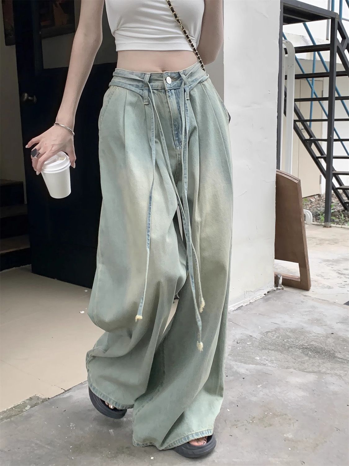 垂感復古懷舊牛仔拖地長褲女2023秋季新款高腰寬鬆淺色直筒闊腿褲