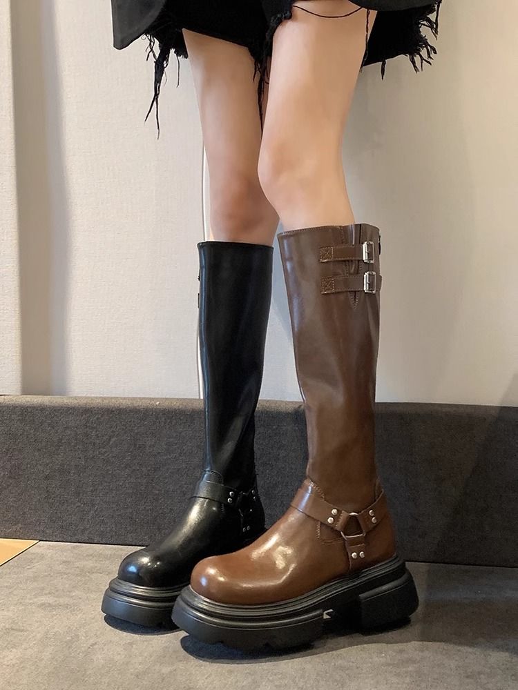 Brown little Western cowboy thick-soled boots women's long boots 2023 new autumn thick heel slim knight boots