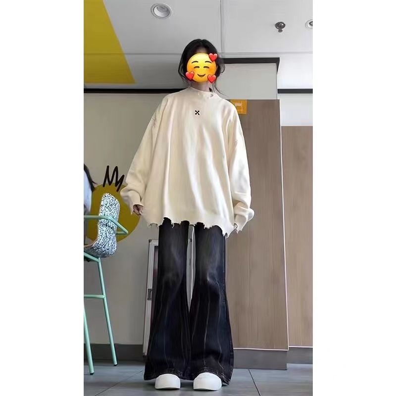 美式復古毛衣女秋冬新款十字架繡花破壞感休閒針織衫寬鬆圓領上衣