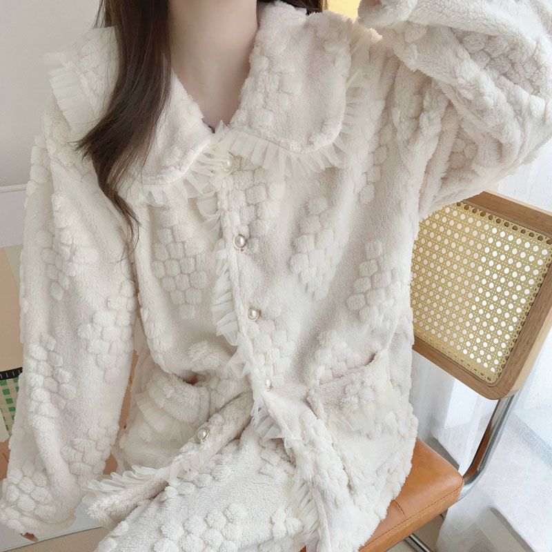 秋冬季珊瑚絨睡衣女花邊公主風加絨加厚2023新款法蘭絨家居服套裝