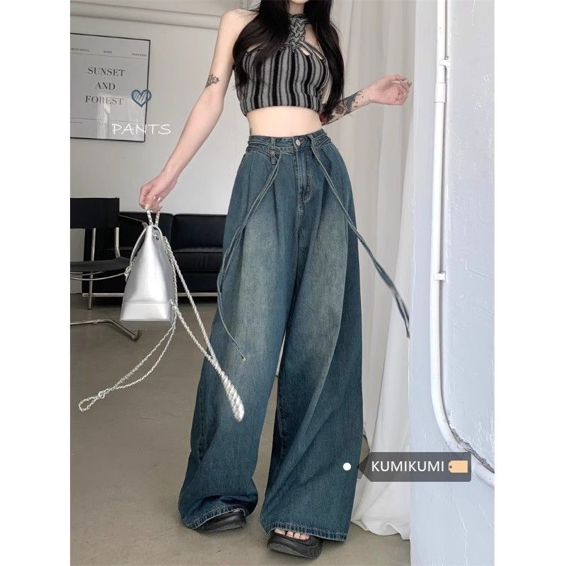 美式復古拖地牛仔褲女2023秋季新款高腰寬鬆顯瘦垂感直筒闊腿褲潮