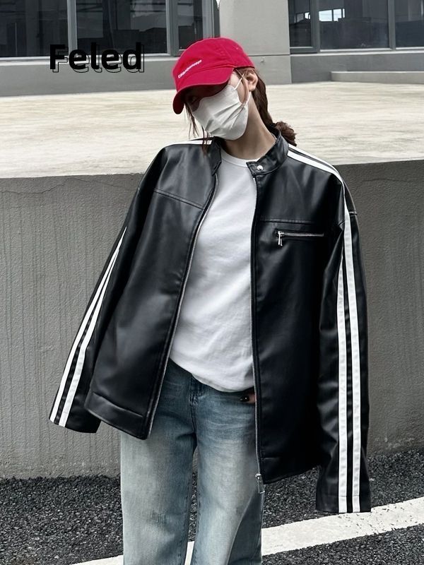 Feila Denton American retro pink leather jacket men and women autumn trend brand loose sweet cool motorcycle style pu leather jacket