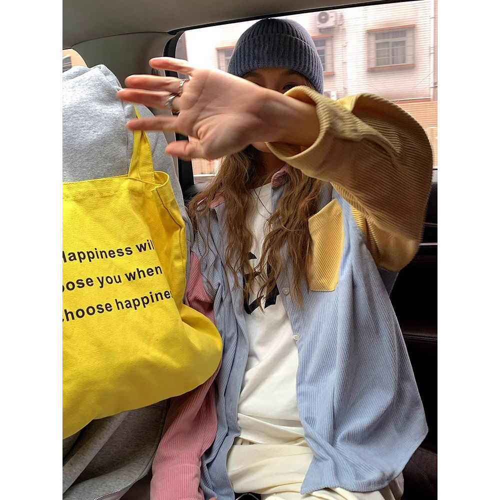彩色拼接燈芯絨襯衫女寬鬆休閒小眾秋季外套設計感百搭韓版上衣潮