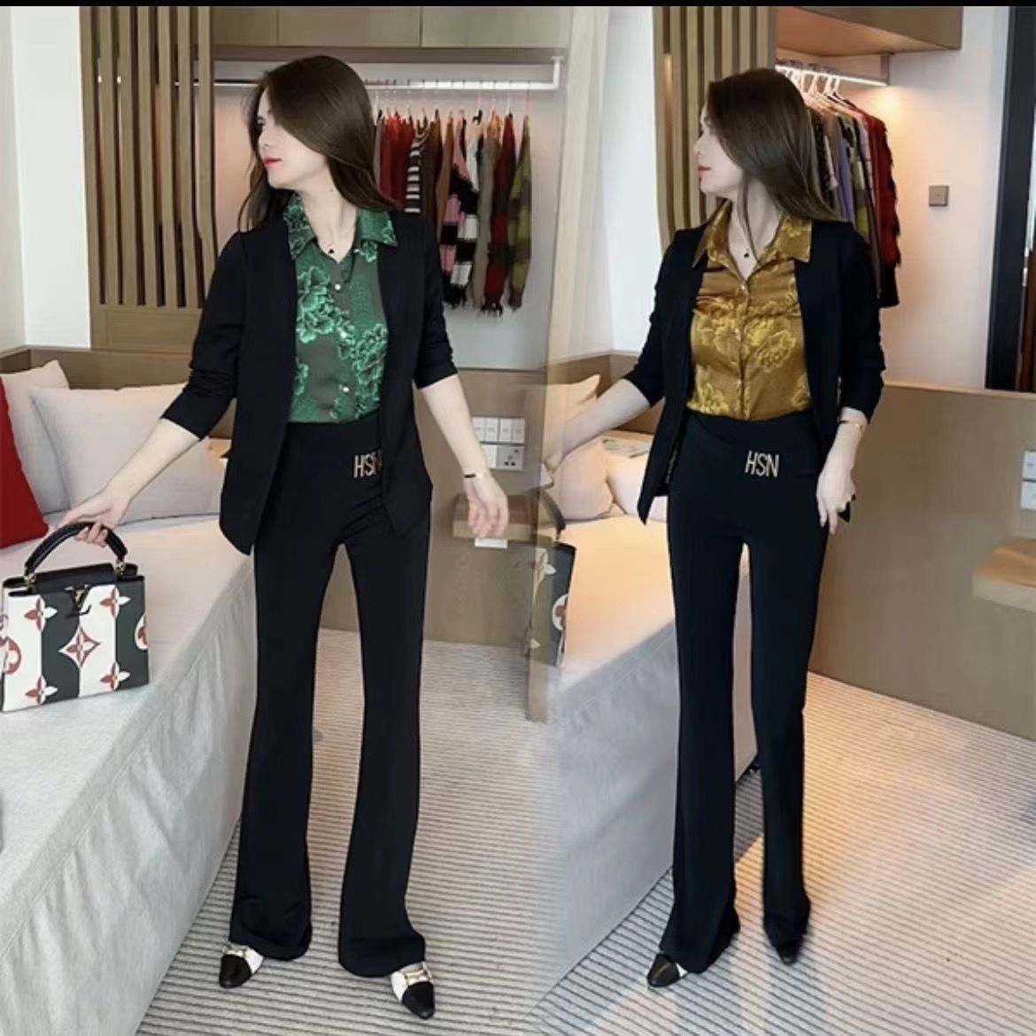 高檔假兩件襯衫女媽媽秋裝拼接印花開衫長袖打底衫氣質遮肚子上衣