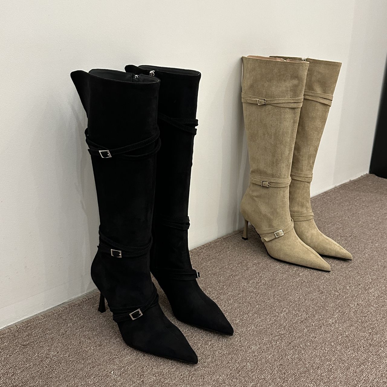 Fashionable 2023 autumn and winter thin strap pointed suede stiletto high boots no more than knee high heels slim boots long boots women's shoes
