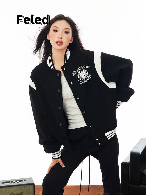 Feila Denton American retro college style short baseball uniform for men and women 2023 new autumn and winter loose casual jacket