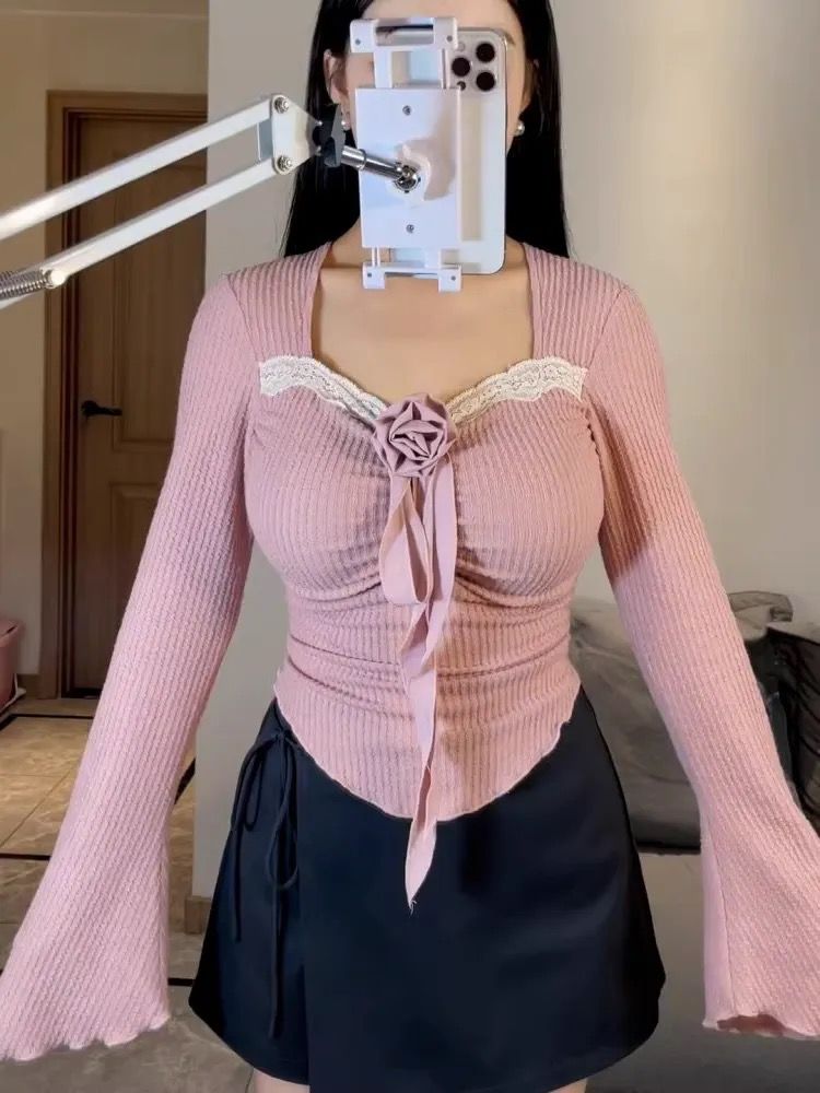 大碼女裝純欲風長袖上衣女胖mm顯瘦遮肉內搭打底衫女短款辣妹上衣