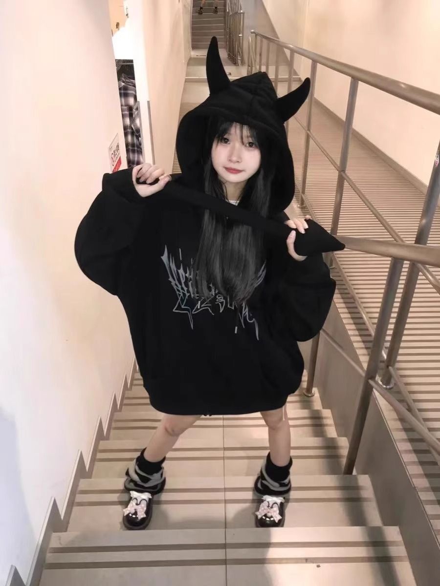 美式高街百搭惡魔連帽衛衣男女ins甜酷風印花可拆卸尾巴拉鏈外套