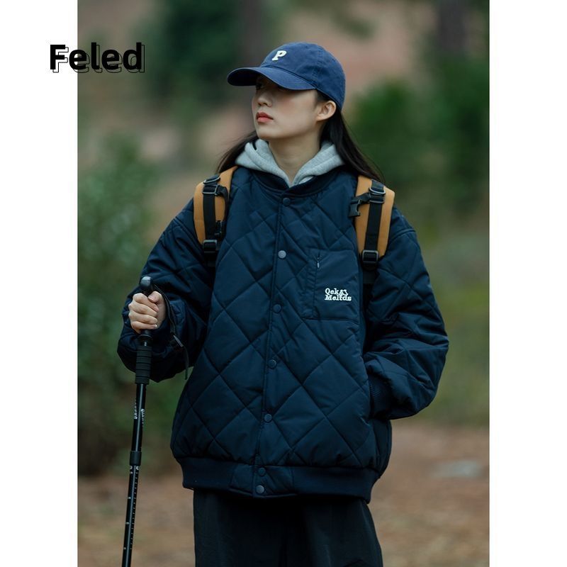 飛拉丹頓日系復古寬鬆菱格假兩件可拆卸連帽棒球服棉服男女外套潮