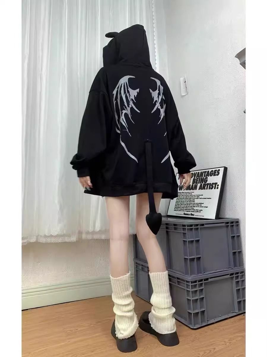 美式街頭惡魔連帽衛衣女薄款春秋寬鬆字母小尾巴情侶拉鏈外套百搭