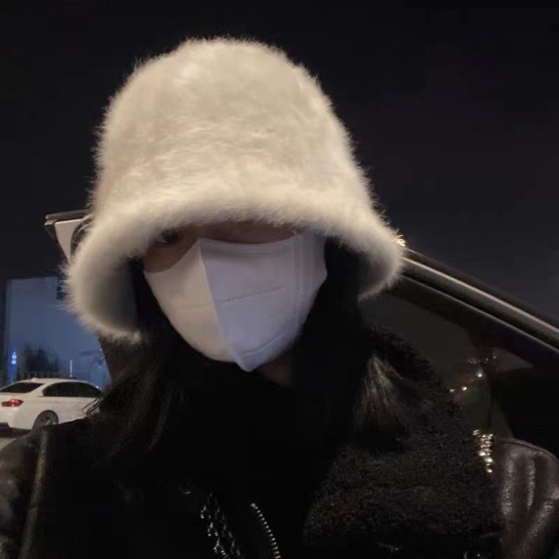 Rabbit fur fisherman hat for women in autumn and winter with big head circumference showing face small furry basin hat covering face bucket hat large size white hat