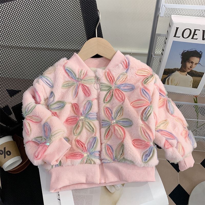 Children's  Flower Winter Girls New Style Plush Thickened Warm Loose Furry Tops and Jackets for Baby Girls