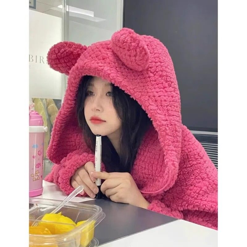粉色羊羔絨加厚棉服外套女秋冬季ins潮慵懶風寬鬆熊耳朵連帽衛衣