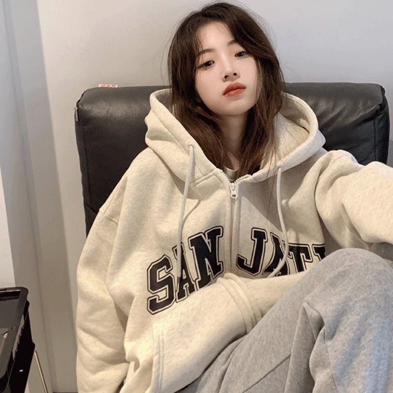 國潮美式復古字母印花開衫拉鏈連帽衛衣女秋冬新款重磅純棉外套潮