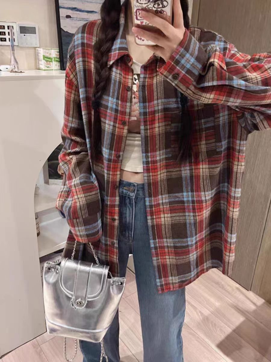CONGRAZIO格子襯衫女新款春秋復古港味薄款寬鬆長袖上衣港風襯衣