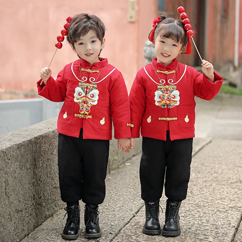 男女童中国风萌虎拜年服唐装中小儿童冬季夹棉加厚古风汉服套装潮