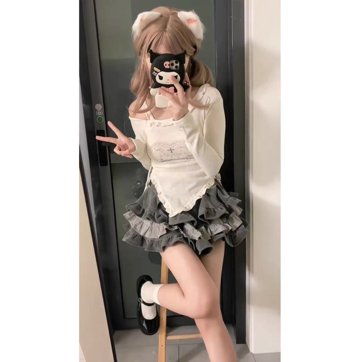 美式學院風辣妹荷葉邊露肩襯衫性感小個子百搭蛋糕半身短裙兩件套