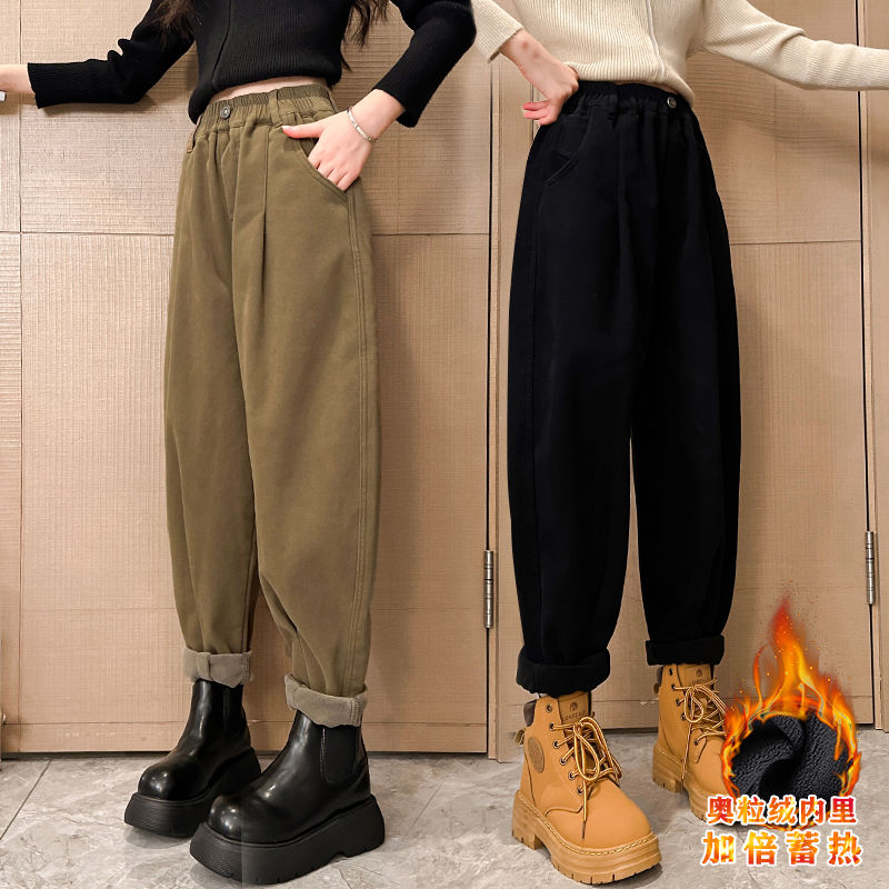 女童加絨褲子秋冬外穿網紅一體絨老爹褲中大童加厚兒童寬鬆休閒褲