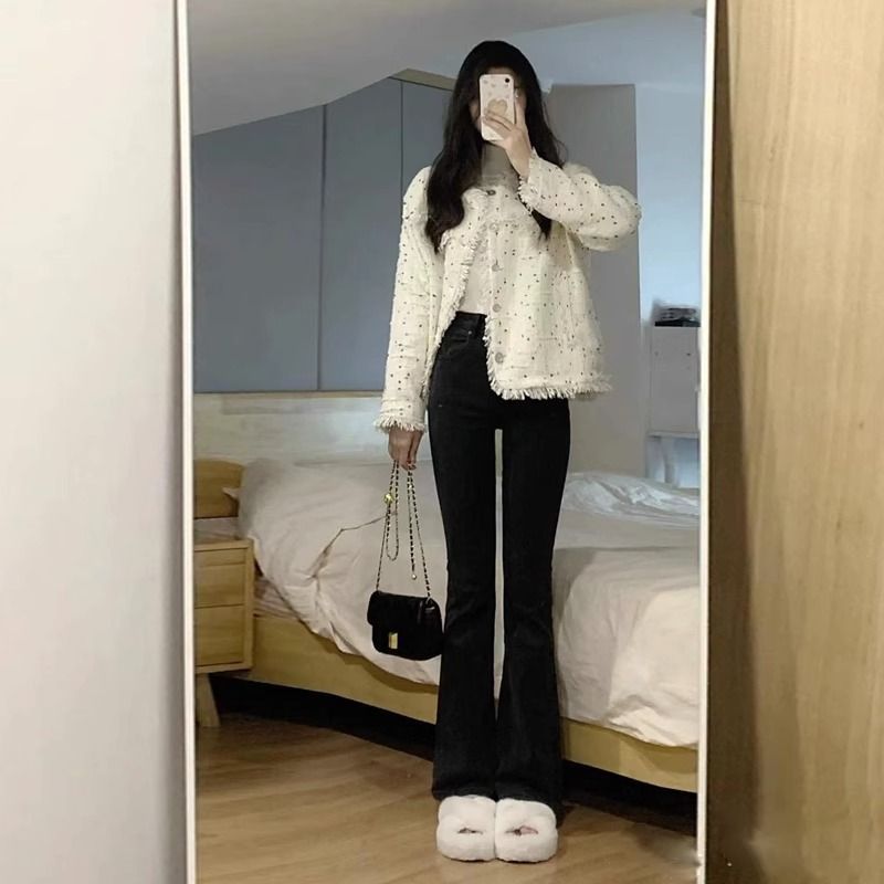 黑色微喇叭牛仔褲女2023年秋季新款韓版小眾設計感高腰顯瘦馬蹄褲