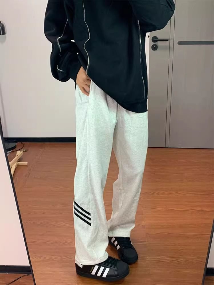 Light gray three-stripe straight-leg sweatpants for men and women, spring and autumn drapey pants, American fashion brand casual trousers