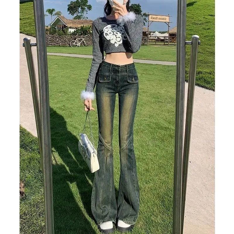 復古做舊微喇牛仔褲女秋裝高腰顯瘦修身提臀拼接喇叭褲子2023新款