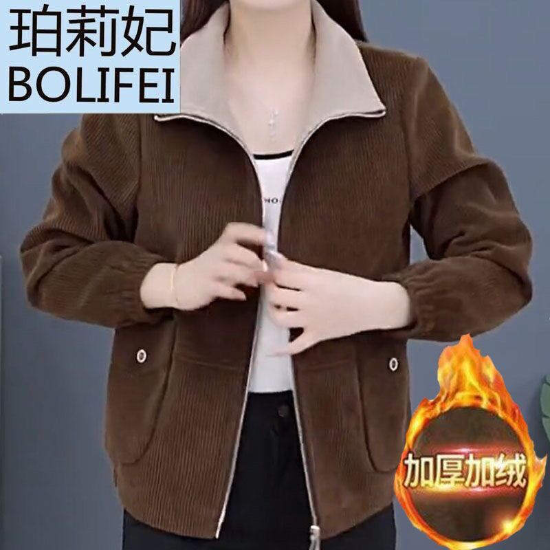 High-end women's clothing plus velvet and thickened European cotton velvet short lapel jacket autumn and winter casual and versatile new mother's clothing jacket