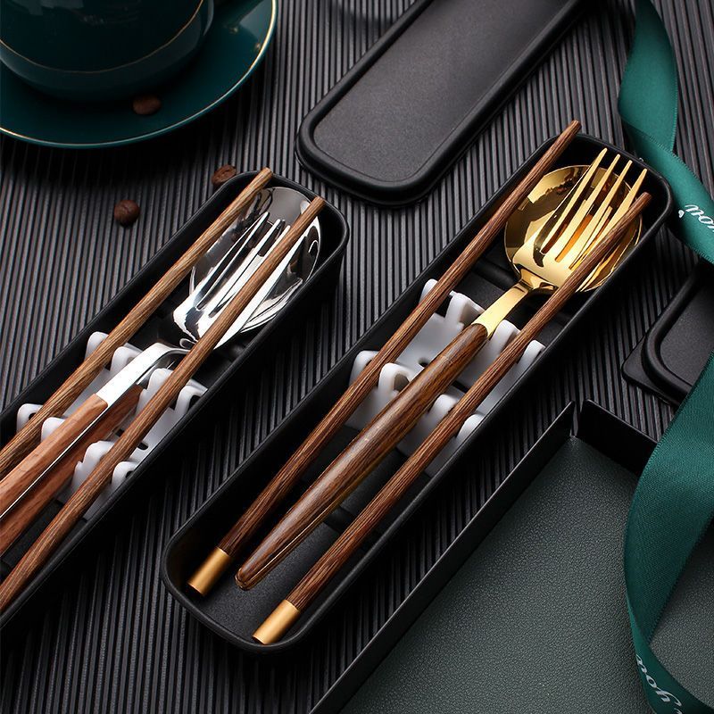 筷子勺子套装叉子木质一人用高颜值不锈钢三件套学生旅行盒装筷子