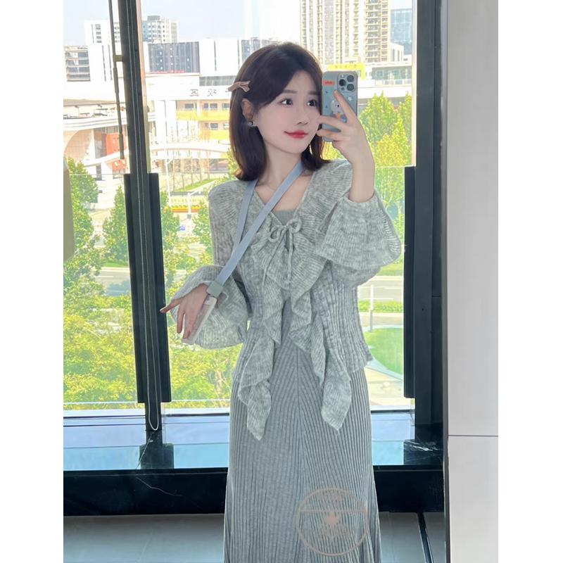 套裝女2023秋冬新款溫柔風荷葉邊毛衣開衫針織連衣裙收腰顯瘦長裙