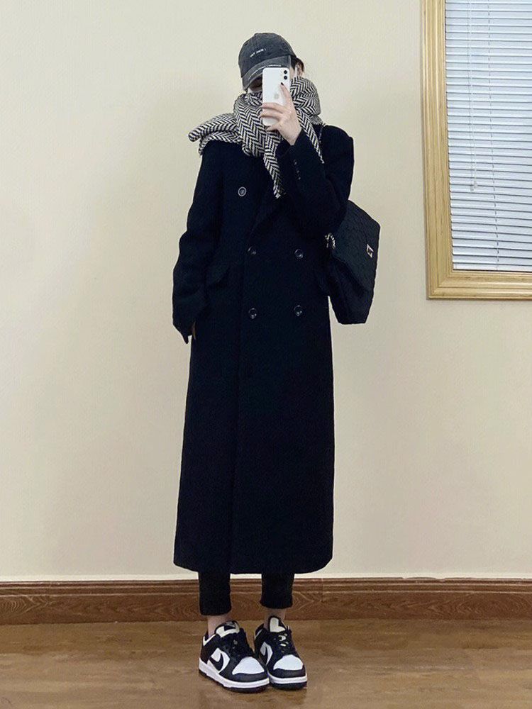 黑色大衣毛呢外套女中長款2023冬季新款小個子休閒過膝赫本風韓版