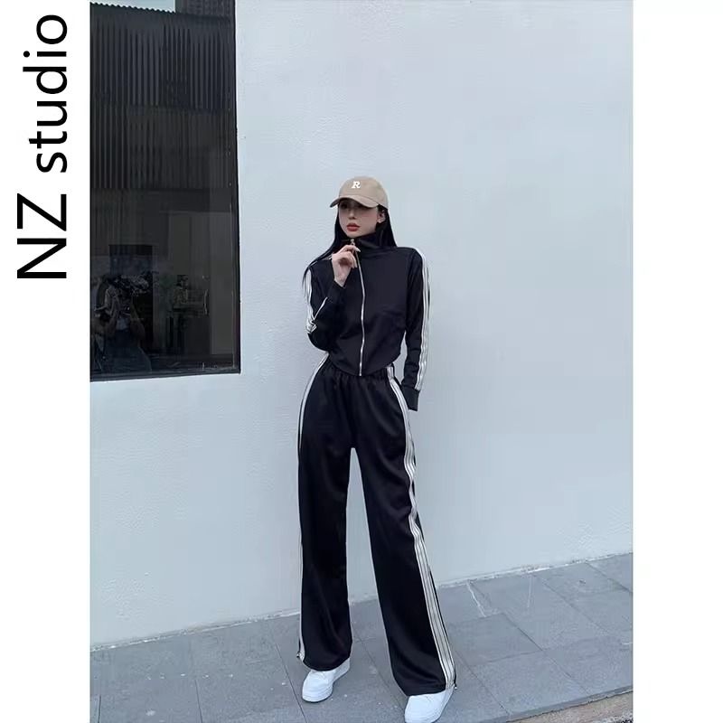 秋季長袖美式黑色三條槓外套女立領短款百搭復古運動開衫上衣ins