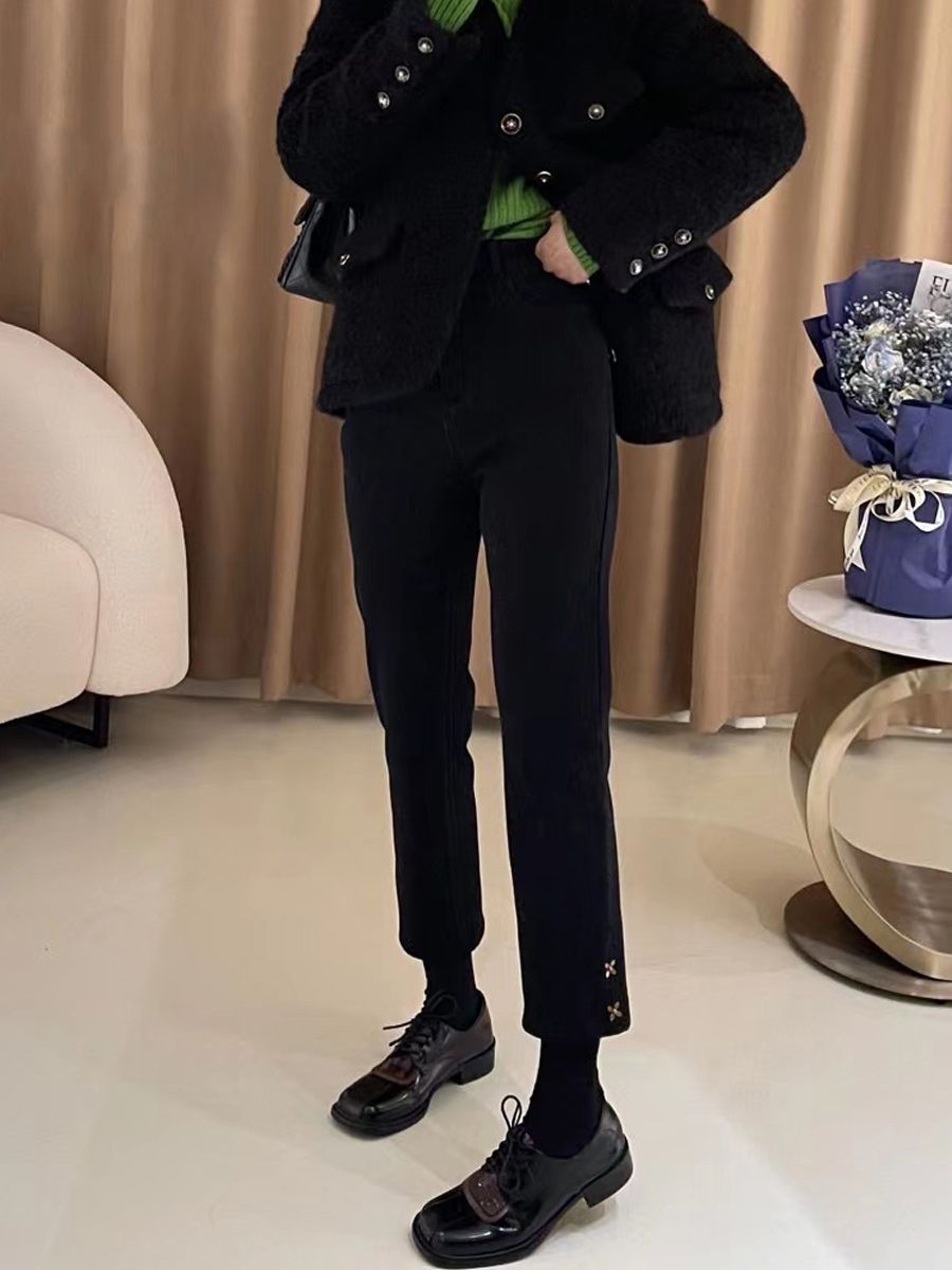 梨形身材直筒九分牛仔褲女秋冬款大碼胖妹妹高腰顯瘦煙管小黑褲
