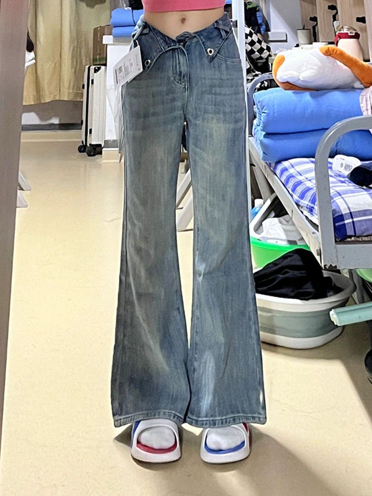 美式復古做舊微喇牛仔褲女秋季小個子高腰垂感顯瘦闊腿褲拖地長褲