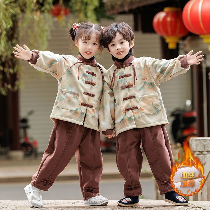 男童唐装加绒新年服冬装女童中国风加厚汉服宝宝一周岁国潮拜年服