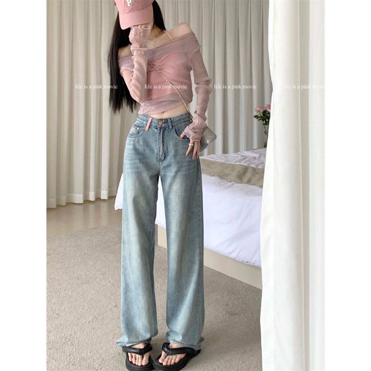 寬鬆闊腿褲拖地褲長褲女秋季辣妹復古做舊水洗褲子直筒褲牛仔褲潮