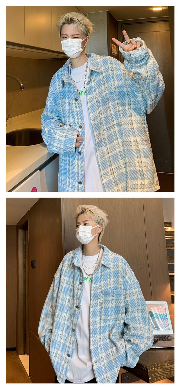 Piccolo cappotto profumato da uomo primavera e autunno scozzese di fascia alta alla moda camicia di grandi dimensioni colletto ribaltabile bella coppia_voghion.com