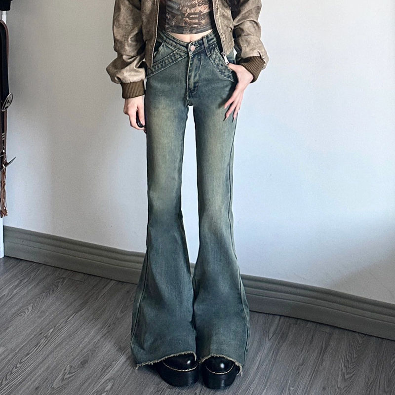 辣妹高腰顯瘦微喇叭牛仔褲女秋季小個子彈力復古做舊馬蹄拖地長褲