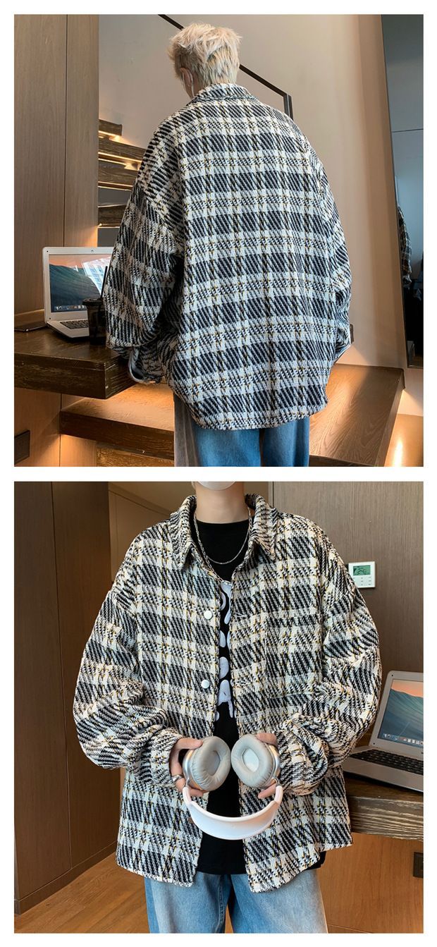 Piccolo cappotto profumato da uomo primavera e autunno scozzese di fascia alta alla moda camicia di grandi dimensioni colletto ribaltabile bella coppia_voghion.com