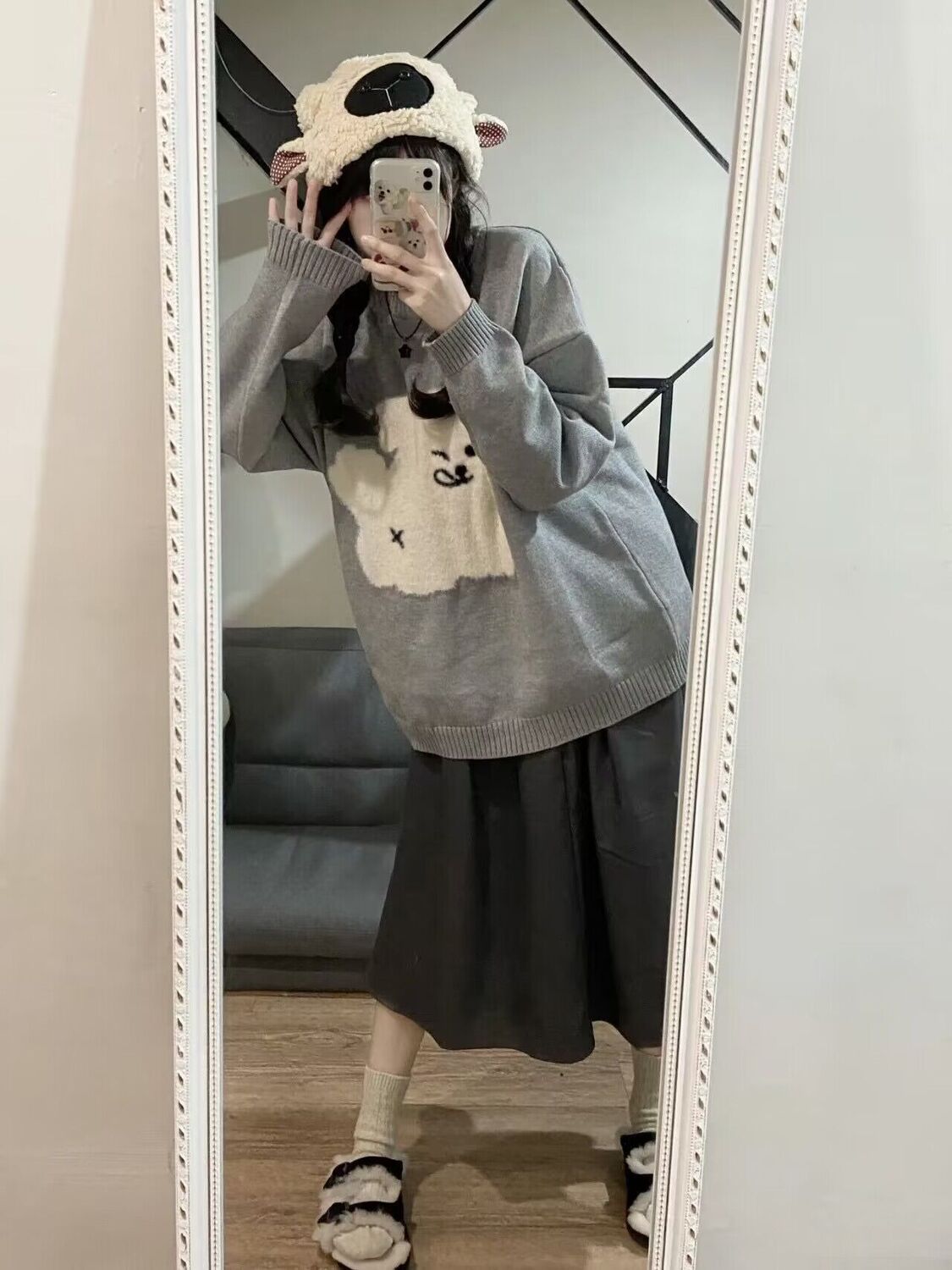 XJ家圓領可愛狗狗毛衣女慵懶風春秋新款秋裝寬鬆針織衫外穿上衣潮