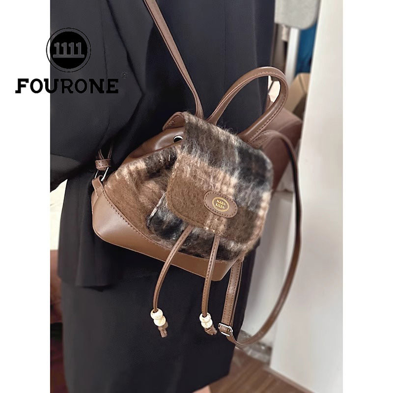 Wool plaid bag women's new trend Maillard retro backpack versatile Korean bucket bag