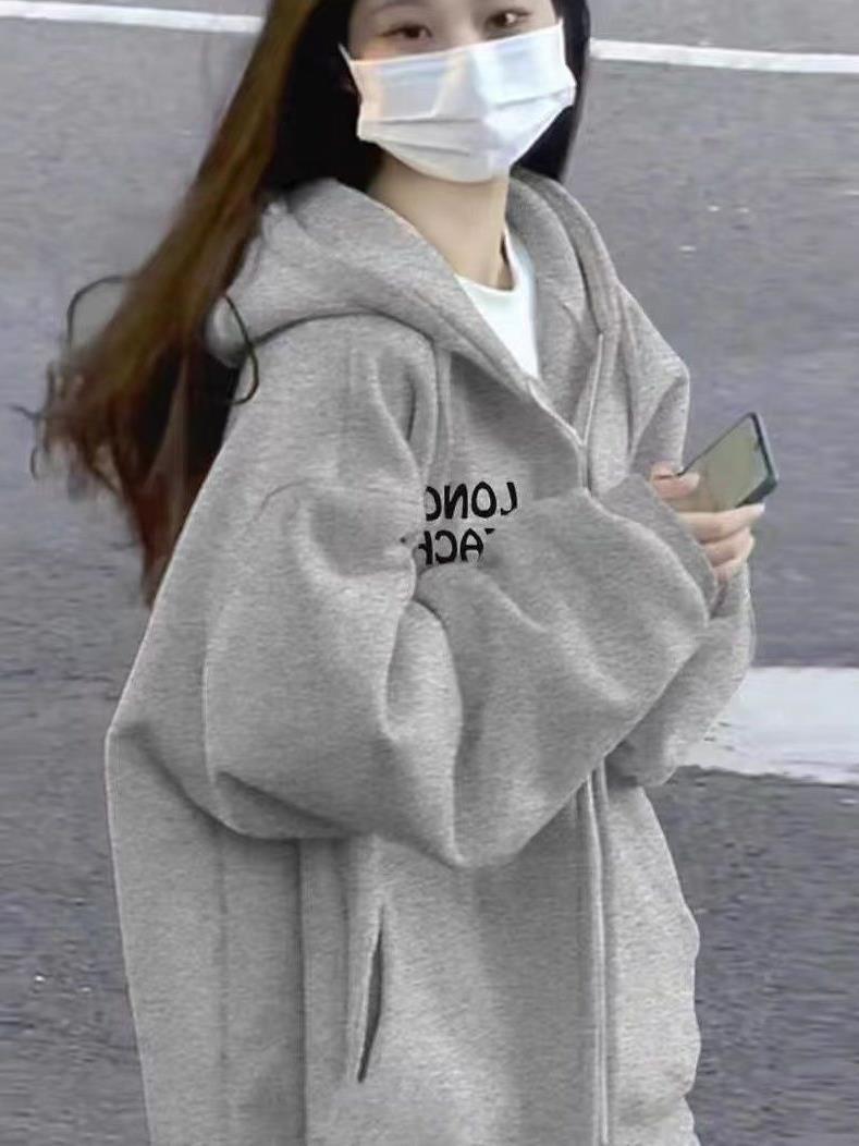 淺灰色印花連帽衛衣女秋冬季加絨加厚寬鬆垂墜感慵懶風拉鏈外套潮